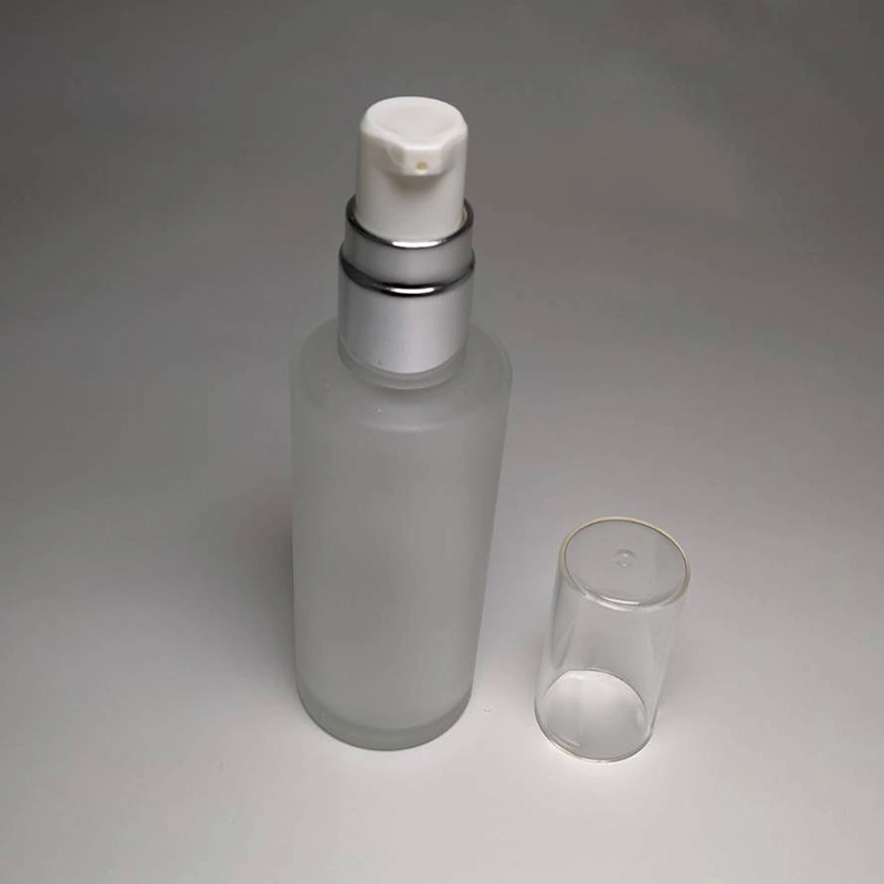 Medium Size Skincare Cosmetic Packaging Empty 50ml Cylinder Shape Glass Bottle Matte Finish with Cream/Lotion Pump and Oversize Cap